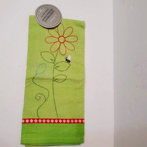 DII Design Imports Kitchen Towel, Embroidered Bumble Bee Flower Green Cotton NEW
